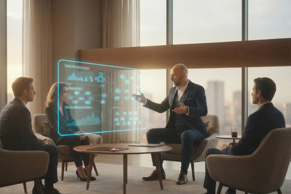 Reunión de negocios en un loft luminoso donde un asesor de pie presenta gráficos financieros holográficos sobre incentivos fiscales y mercados internacionales, mientras tres profesionales sentados alrededor de una mesa redonda toman notas con sus portátiles.