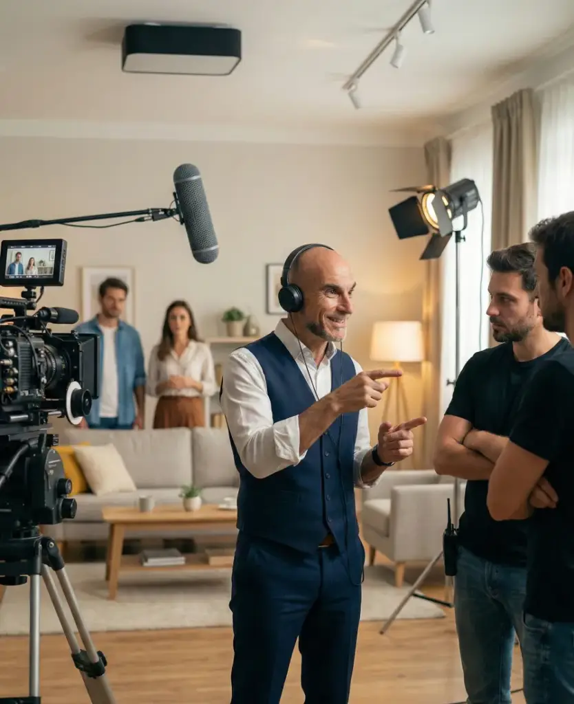 Director o asesor de realización dando indicaciones al equipo técnico en el salón donde se rueda una escena, con cámara, micro de pértiga y focos mientras los actores esperan al fondo.