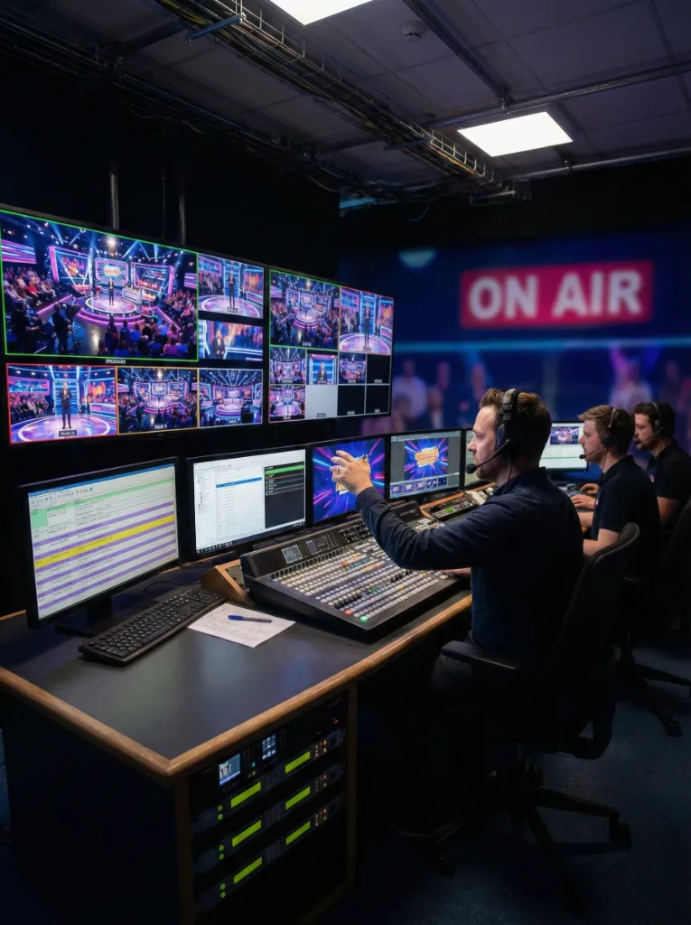 Control de realización de un programa de televisión en directo, con técnicos operando la mesa de mezclas y varias pantallas que muestran las distintas cámaras del plató mientras un gran rótulo ‘On Air’ se ve al fondo.