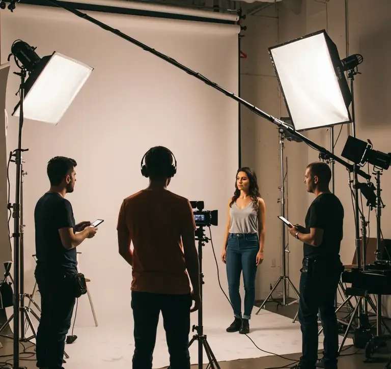 Rodaje de entrevista o testimonio en estudio con fondo blanco, donde una mujer de pie frente a la cámara está rodeada por tres técnicos que ajustan iluminación y sonido con grandes focos y equipo profesional.