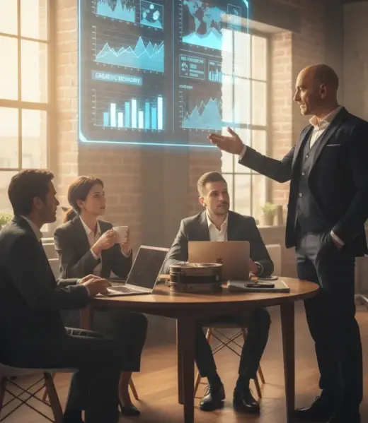 Reunión de negocios en un loft luminoso donde un asesor de pie presenta gráficos financieros holográficos sobre incentivos fiscales y mercados internacionales, mientras tres profesionales sentados alrededor de una mesa redonda toman notas con sus portátiles.