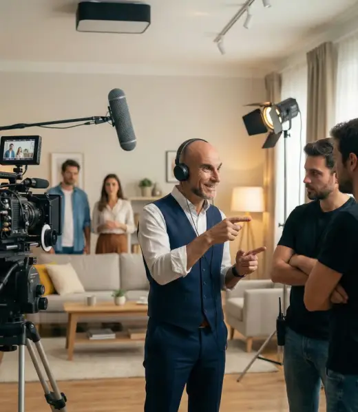 Director o asesor de realización dando indicaciones al equipo técnico en el salón donde se rueda una escena, con cámara, micro de pértiga y focos mientras los actores esperan al fondo.