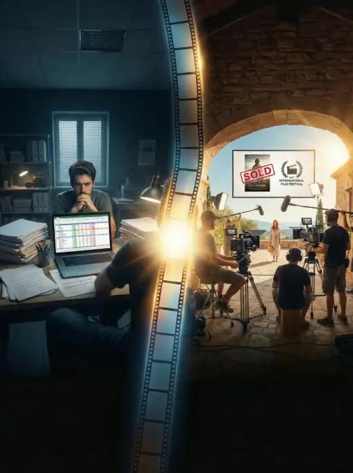 Composición dividida en dos mitades donde a la izquierda un productor trabaja entre papeles y hojas de cálculo, y a la derecha un equipo rueda una escena en un patio con vistas al mar, unidas por una tira de película iluminada.
